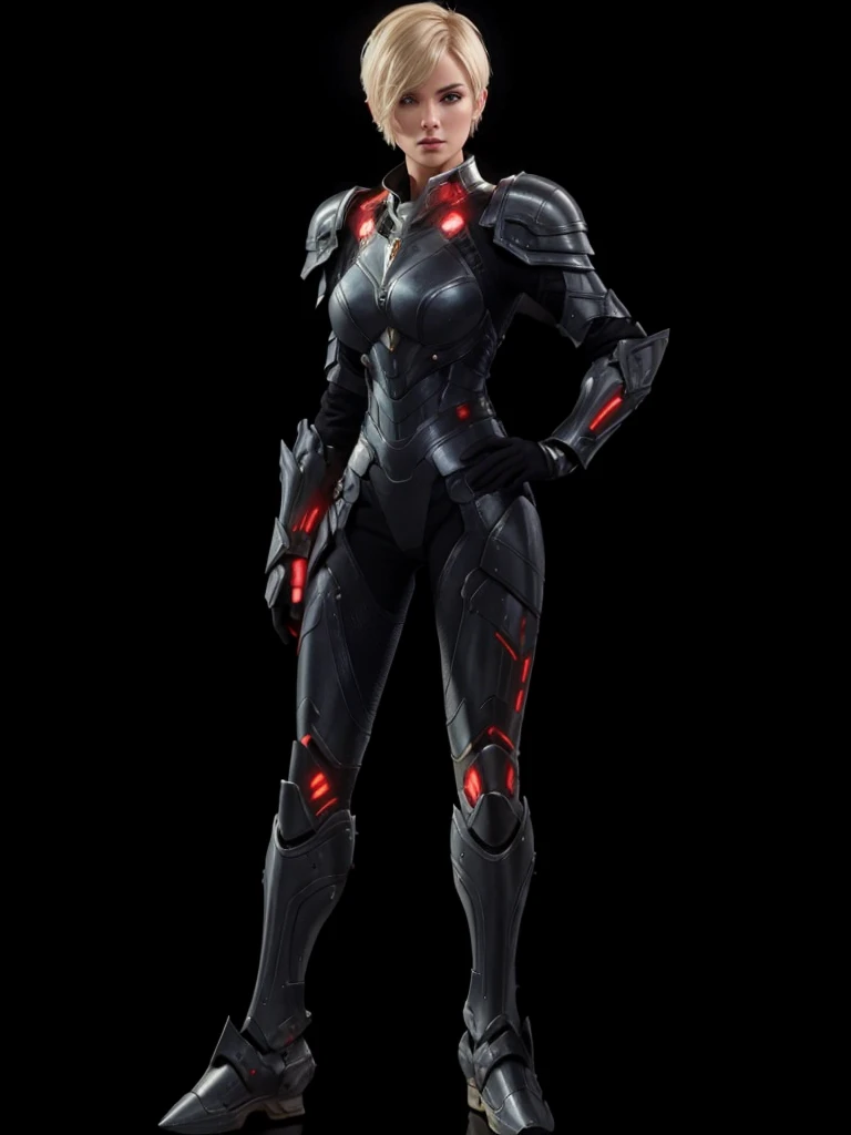 A beautiful woman, short hair blonde, with futuristic armor on the body.