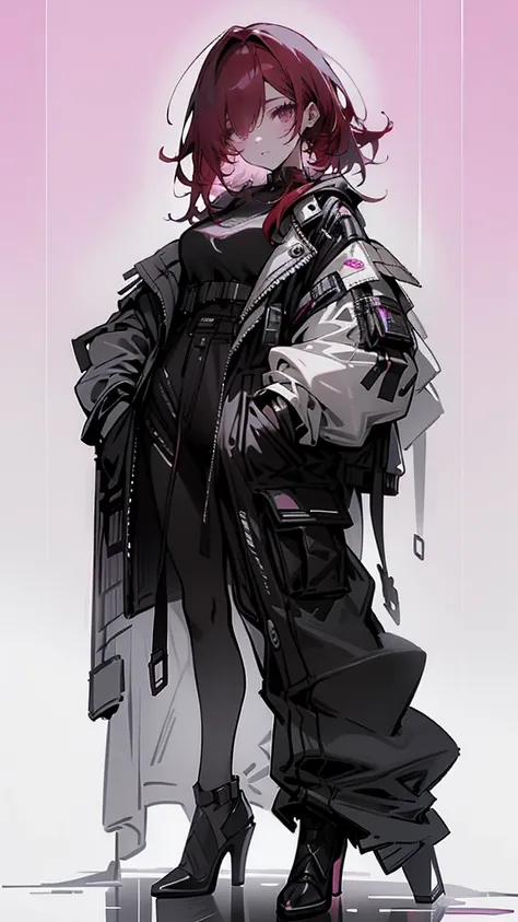 detailed portrait of a beautiful girl with red hair, blue eyes, wearing cyberpunk style clothing with hand in pocket, against a ...