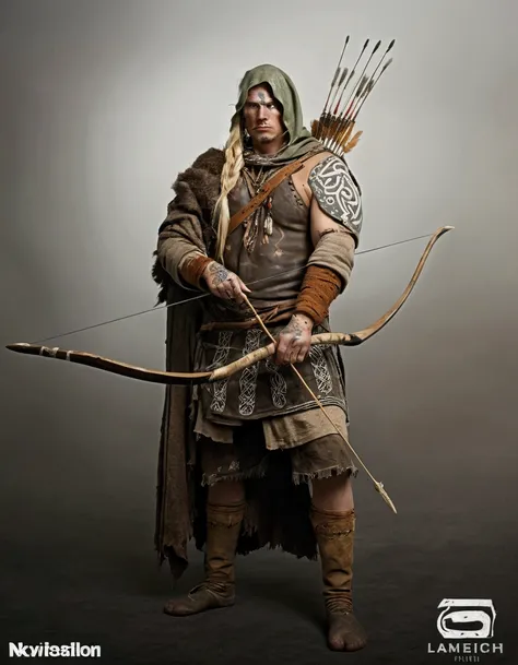 blond primitive archer with painted face, wearing animal skin rags and rustic clothing that was poorly sewn and poorly finished, with one arm uncovered and with Celtic tattoos: ultra realistic and detailed