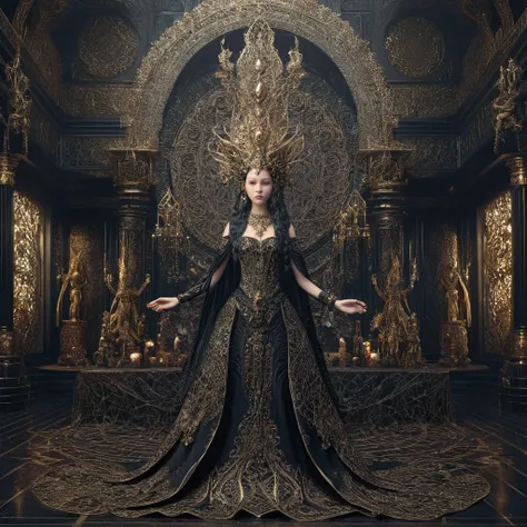 a woman in a black dress standing in a room with intricate decorations, extremely detailed goddess shot, intricate costume design, symmetrical epic fantasy art, baroque dark art, intricate ornate anime cgi style, intricate and epic composition, dark but de...