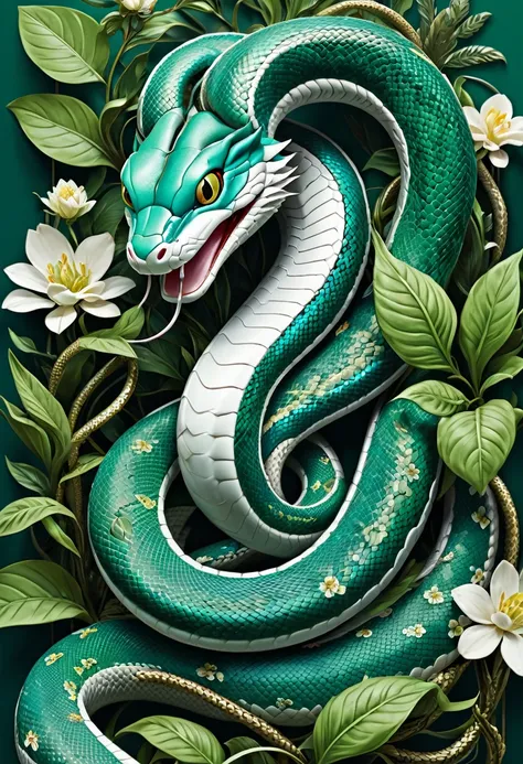 mechanical snakes，realisitic，Anthropomorphic snakes，Character Configuration，Ultra-detailed graphics，精致的面容，8k，cover of a magazine，Floral background decoration，strong color contrast，darker color，cerulean, green and white