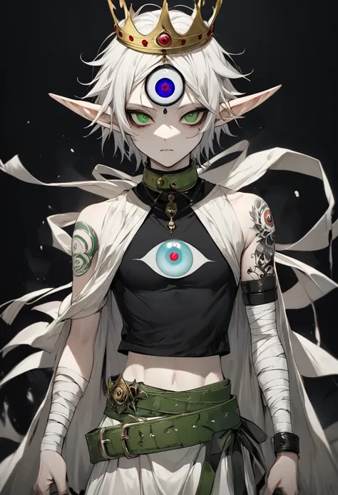 Japanese Anime，Second Dimension，Horror style，horror character，(((Three-eyed boy，独奏，third eye on the forehead，Dark eyeshadow，White short hair，Elf ears，Exaggerated golden crown-eyeball decoration))),(((Wrapped in bandages))).(((Thin waist，Green belt：1.6))).(...