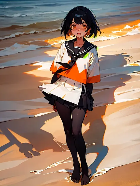 Highest quality,One Girl, Shortcuts,masterpiece, High resolution, Anatomically correct, Orange eyes,far and near method, Anime Style, Black Hair, The legs are detached from the frame, Sailor suit,Pleated skirt,Beach, Sunburn,Slanted Eyes, Are crying,A pers...