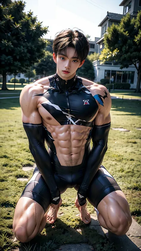 masterpiece,best quality,Look up at the characters，Stay away from the camera， (An 18-year-old boy with extraordinary development:1.2), （A tall and muscular giant body），(Kneeling upright on the campus lawn),Black and white tight-fitting cycling suit,（Broad ...