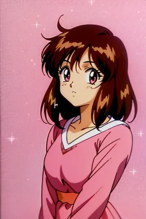 Anime girl with wispy brown hair. Very pretty. Pink background with sparkle. A pink dress. Retro anime style.