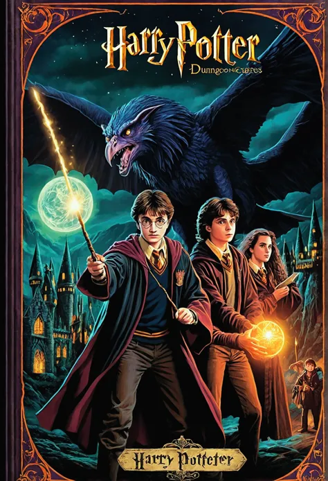 make an image of an original book franchise that is a combination of harry potter and twilight. make a cover in the style of 80s and 70s dungeons and dragons like dark fantasy art