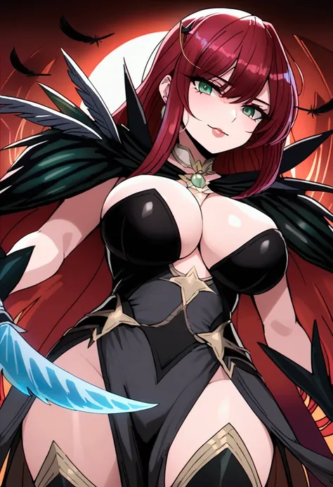 A sorceress with long red hair, long black low-cut dress, black feathers on the shoulders of the dress, bountiful breasts, evil gaze