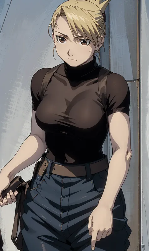 masterpiece, highest quality, high resolution, one girl, himliza, ponytail, brown eyes,big , black shirt, tight shirt, holster, ...