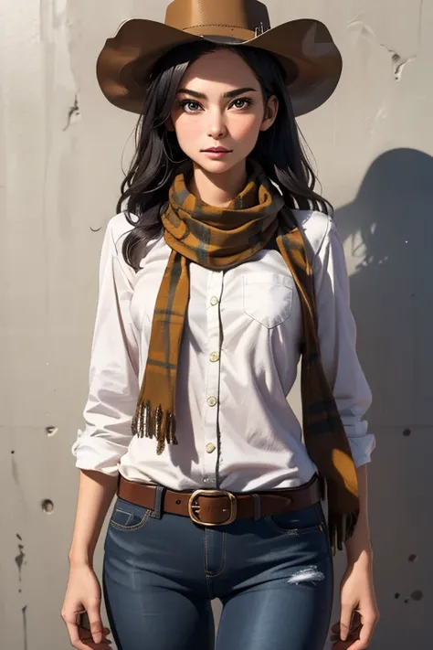 Highest quality　High resolution　Western Wilderness　Cute girl in gunfighter clothes　Ten-gallon hat　Revolver pistols　jeans　gun belt　A scarf is wrapped around the neck　The background is the wilderness:1.8