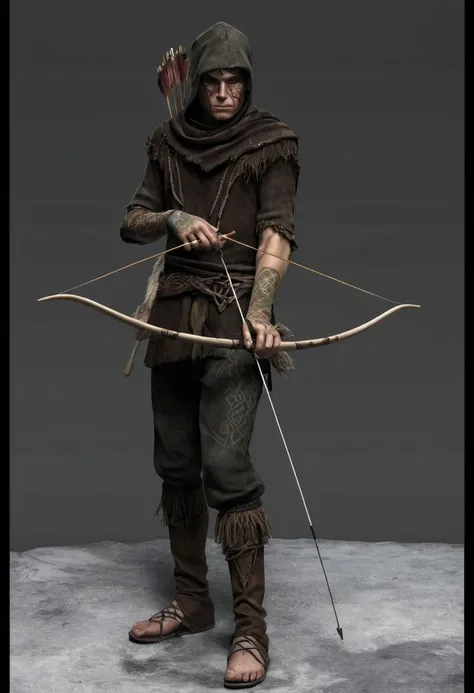 blond primitive archer with painted face, wearing animal skin rags and rustic clothing that was poorly sewn and poorly finished, with one arm uncovered and with Celtic tattoos: ultra realistic and detailed