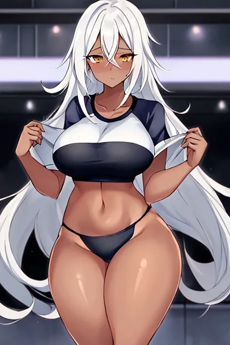 1girl, anime style, 2d, anime screencap, dark skin, dark-skinned female, white hair, long hair, large breasts, wide hips, thick thighs, shirt, sportswear, shy, sports bra, screencap, masterpiece