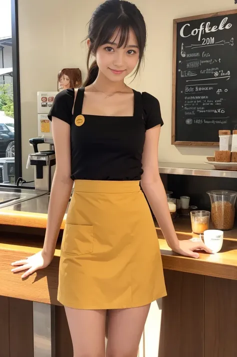 20 years old girl (Japanese cute face) is wearing very short mini skirt and apron and working at the coffee cafe with sunflowers