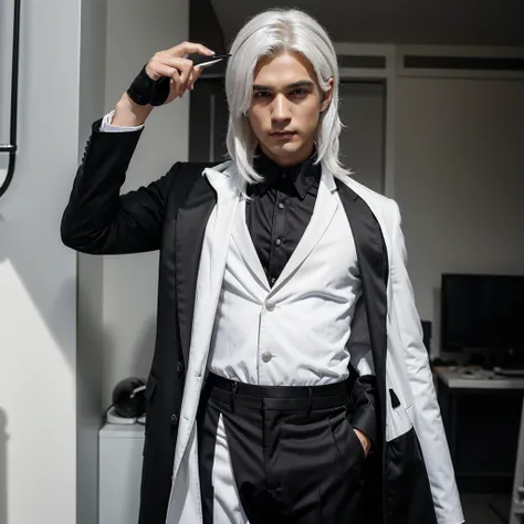 white hair black suit with divil horn cool boy male