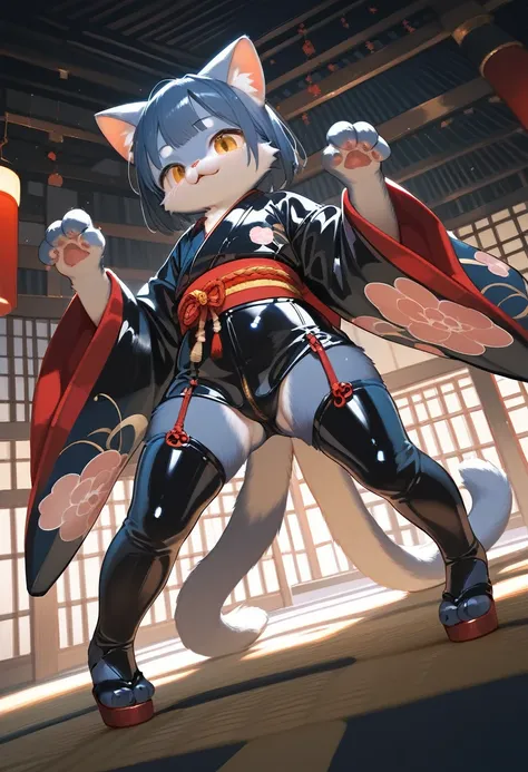 Highest quality, Highest quality, High quality illustrations, masterpiece, Ultra-high resolution, Detailed Background, Kyoto, Absurd, Perfect Anatomy, performance, Good lighting, Shadows in the movies(kemono, Furry PersonifiCation), Cat, kimono, latex, rub...