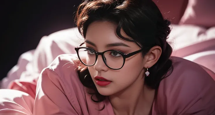 Slightly curly hair, rimless glasses, small spots under the corners of the mouth, / note lilac earrings, slightly closed mouth, red lips, surrealism, high detail, strong chiaroscuro, film graininess, panorama, ultra high-definition, precise, textured skin.