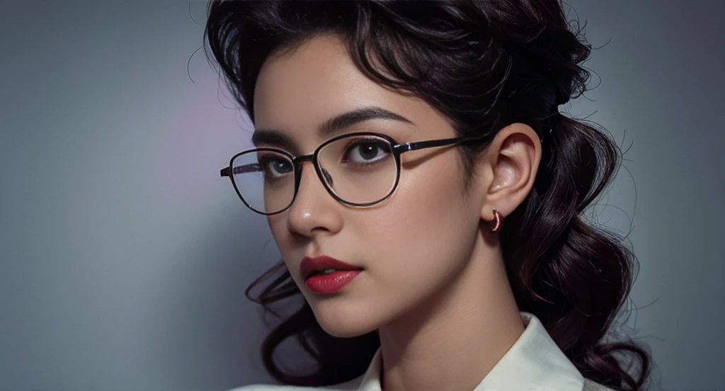 Slightly curly hair, rimless glasses, small spots under the corners of the mouth, / note lilac earrings, slightly closed mouth, red lips, surrealism, high detail, strong chiaroscuro, film graininess, panorama, ultra high-definition, precise, textured skin.