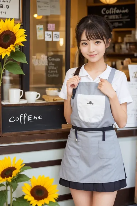 20 years old girl (Japanese cute face) is wearing very short mini skirt and apron and working at the coffee cafe with sunflowers