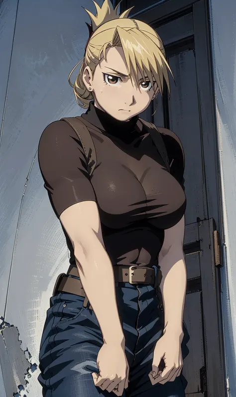 masterpiece, highest quality, high resolution, one girl, himliza, ponytail, brown eyes,big , black shirt, tight shirt, holster, ...