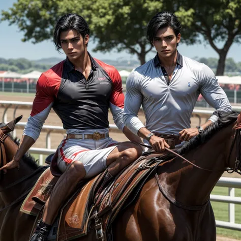 One man that is a muscular, attractive, black hair with somewhat tan skin, brown eyes, sharp jawline, thick eyebrows, racing silks outfit with bright and colorful colors inspired by polo men. Horse race track in the background With people riding horses.