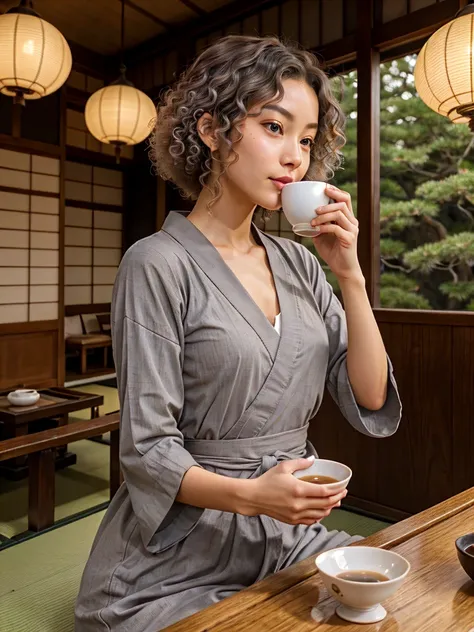 1girl Sipping Tea in a Traditional Japanese Teahouse, (Sienna Skin), Space Gray hair color ,Curly hair style, 