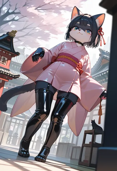 Highest quality, Highest quality, High quality illustrations, masterpiece, Ultra-high resolution, Detailed Background, Kyoto, Absurd, Perfect Anatomy, performance, Good lighting, Shadows in the movies(kemono, Furry PersonifiCation), Cat, Pink kimono, latex...