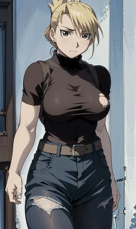 masterpiece, Highest quality, High resolution, 1 Girl, Hamriz, ponytail, Brown eyes,big , Black Shirt, Tight shirt, holster, Short sleeve, belt, Covered navel, Blue pants,Inside the room、Upper body close-up、Muscular body、blush、Sweat、Composition from the fr...