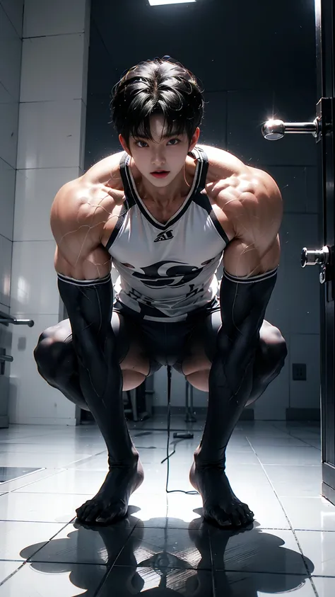 An overgrown 18-year-old boy kneels in the bathroom and takes a shower facing the camera，Wearing white tight training clothes，（Height 300 cm：2），Super，Twice as high，Huge body,（The limbs are long and strong：3），Huge body，（Extraordinary physical development），（...