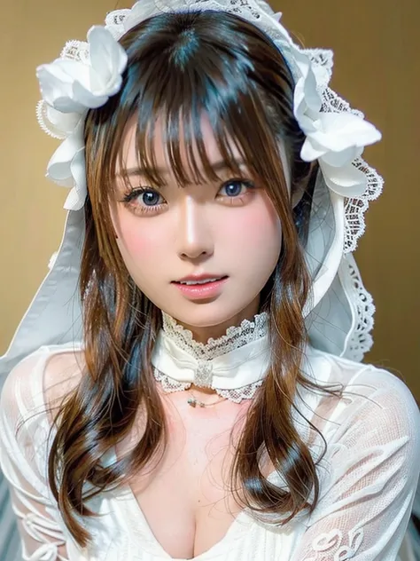 8k,Confused, High resolution, Very detailed, 1 Girl, alone, Very beautiful eyes, Ultra-precise depiction, Very detailed depiction, (Tangled:1.2), , (White high key background:1.5), (Lace wedding dress:1.2), See-through、Brown Hair, (Shiny skin), Many colors...