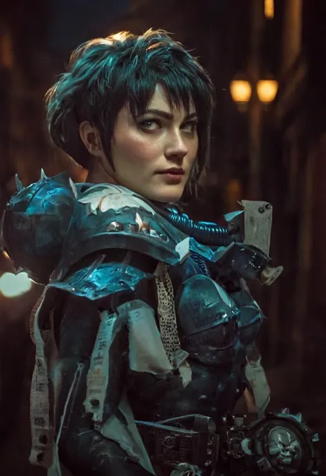 (realistic analog style sharp focus 8k raw photo with soft lighting and high quality:1.1), (hdr film grain:1.2),movie poster, a cute woman wearing a shiny (textured:1.2) (intricate:1.2) cyborgcosplay in a dark street at night, (cinematic hairstyle:1.2)
