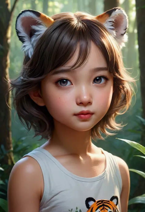 Beautiful with dreamy eyes, Tiger or Tiger, Cute Girls, Volumetric Light, Ultra-realistic, Intricate details, shape, Painting, watercolor, Cute Chibi, in the forest, ah!, Shallow depth of field, Pastel Color Palette, Soft lighting, Minimum, Modern, Digital...