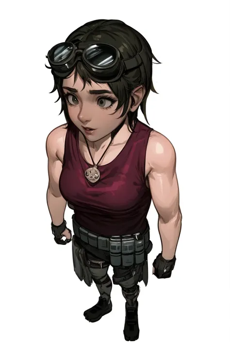 a cartoon of a girl with goggles and a red shirt, female lead character, shadowrun character art, a character based on a haggis, video game character, detailed character art, rpg character, videogame character, video game character design, full body charac...