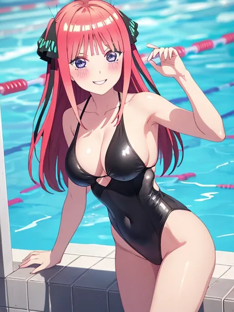 best quality, insanely detailed, nino nakano, black swimsuit, breasts, blush, swimming pool background, smile, pussy, highleg leotard