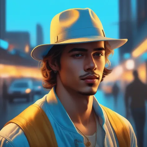 a picture of a handsome young man, light blue and light amber, | neon realism