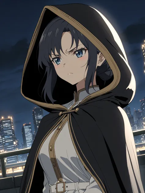 {{upper body, dutch angle}} {{Artist: sincos}} 1girl, mature female, blue eyes, medium length black hair, white jumpsuit with golden buttons, black hood over head, white belt, black cape, white gloves, serious expression, outdoors, night, city background