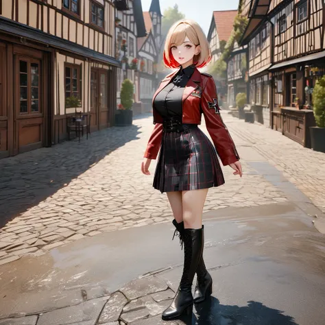 A woman wearing a long-sleeved red jacket, black shirt, wearing a plaid skirt with red and black colors, leather boots, blonde hair, short hair, red bangs, big breasts, multicolored hair, brown eyes, perfect face, perfect eyes, lips perfect, walking on a s...