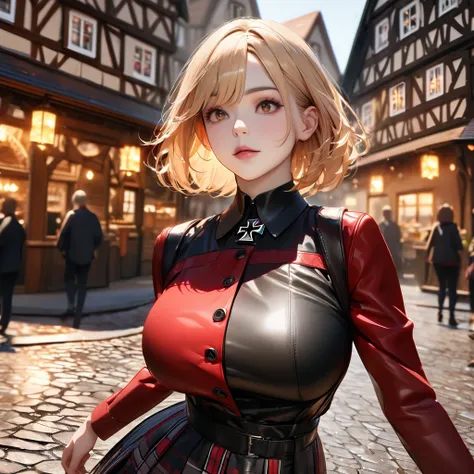 A woman wearing a long-sleeved red jacket, black shirt, wearing a plaid skirt with red and black colors, leather boots, blonde hair, short hair, red bangs, big breasts, multicolored hair, brown eyes, perfect face, perfect eyes, lips perfect, walking on a s...