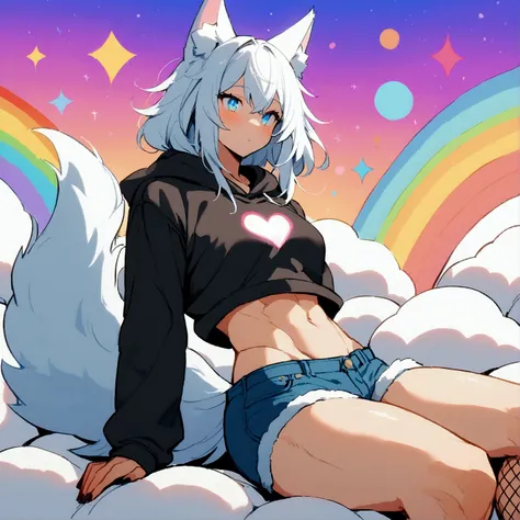 a cute adult male with wolf ears, long white hair, long locks, has a wolf tail, wearing a loose cropped black hoodie, wearing a ...