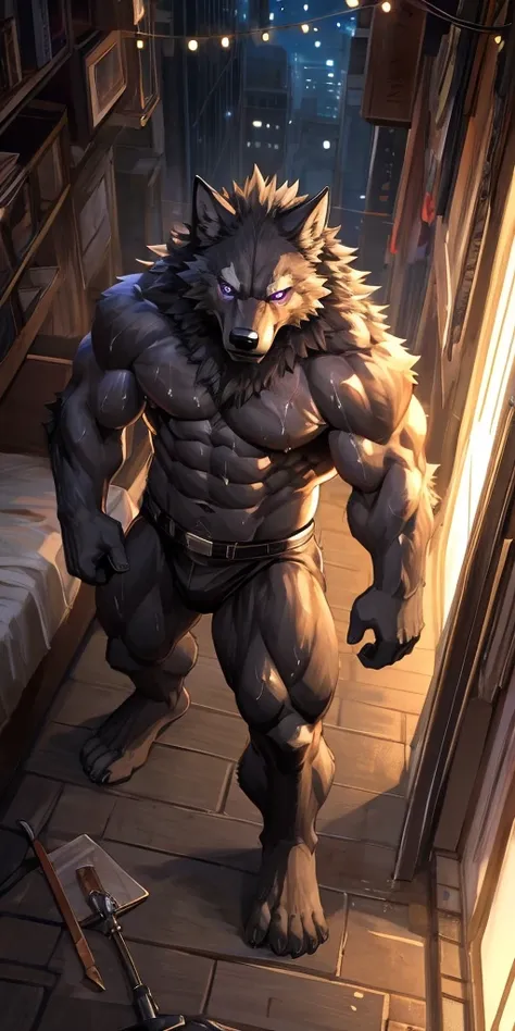 masterpiece,high quality,anime, Super detailed, Camera angle from above, Face down
, tear one apart&#39;along with the clothes of&#39;hand of
, 毛むくじゃらの雄の黒Wolf, Wolf, great physique,Powerful Weapons, manly
, topless
, ((Excessive sweating))
, fine grain, (S...