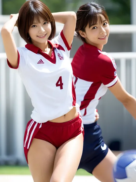 Highest quality, masterpiece, Ultra-high resolution, (Realistic:1.4), Raw photo, One girl, The most famous Japanese actresses, Wearing a volleyball uniform, Very beautiful face, very beautiful big eyes, Very beautiful short hair, Very beautiful skin, Very ...