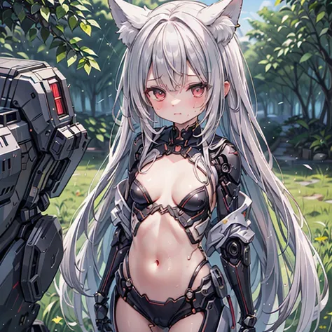 (fox girl, fox ears, silver hair, fox makeup, one woman, long hair:1.6), (mecha musume, machinery parts,robot joints, red color,...