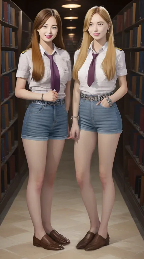 Almost identical American twin stepdaughters, Joey White and Sami White, long blonde hair, 2 full body girls, artwork, A pretty long blonde hair, (fantasy library background), session of erotic photos, facing the camera,, Girlscout uniform, handcuffs on th...