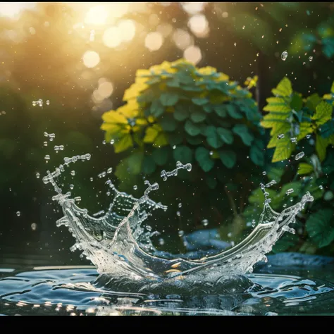 a drop of water falling on water, water splash, ripple effect, high speed photography, crystal clear water, detailed reflection,...