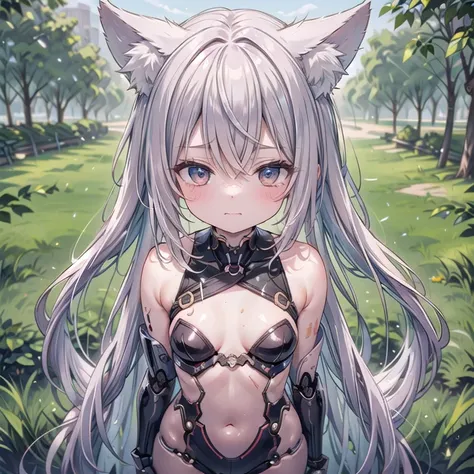 (fox girl, fox ears, silver hair, fox makeup, one woman, long hair:1.6), (mecha musume, machinery parts,robot joints, red color,...