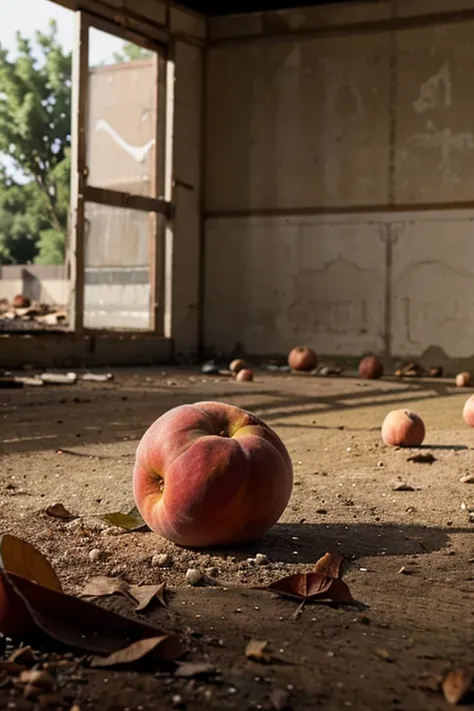 a single peach fruit left in the ground in an abandoned circus