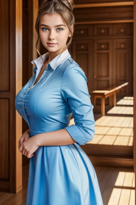 20yo  in school school photo in school masterpiece, (photorealistic:1.4), best quality, beautiful lighting,Eleanor Russian girl 20yo Old Big Breasts Plus Size Model Bun lHair Bun Hair Hair wearing Bella Godet Dress. 