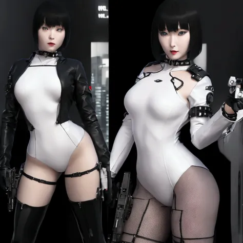 beautiful woman in a white leotard from the future、black short hair、bangs、stockings、high heel boots、holds a gun from the future、...