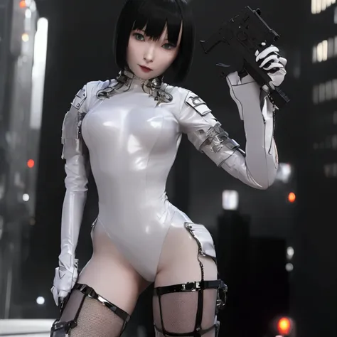 beautiful woman in a white leotard from the future、black short hair、bangs、stockings、high heel boots、holds a gun from the future、...