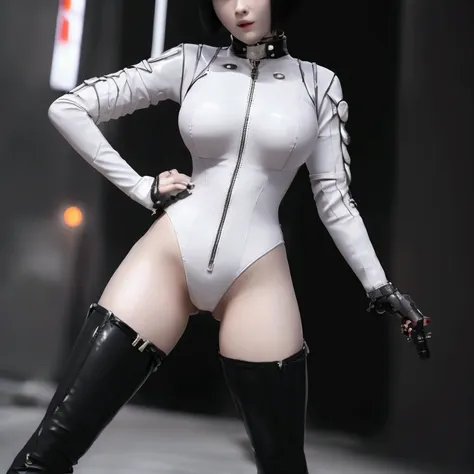 beautiful woman in a white leotard from the future、black short hair、bangs、stockings、high heel boots、holds a gun from the future、...