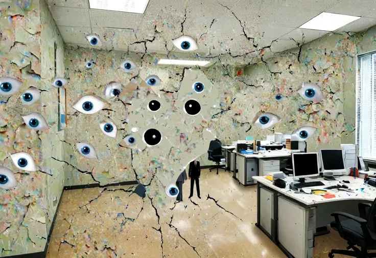 an image with a surreal, distorted office setting featuring cracked paint on the walls and a human silhouette with many eyes