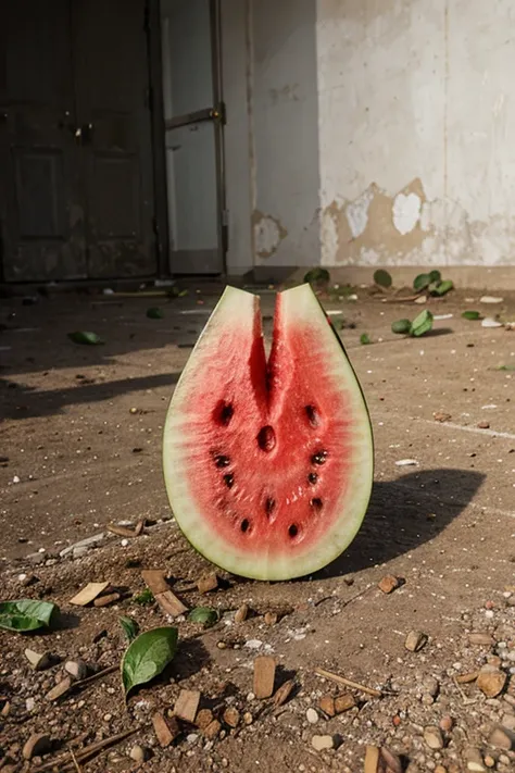 a single watermelon left in the ground in an abandoned circus